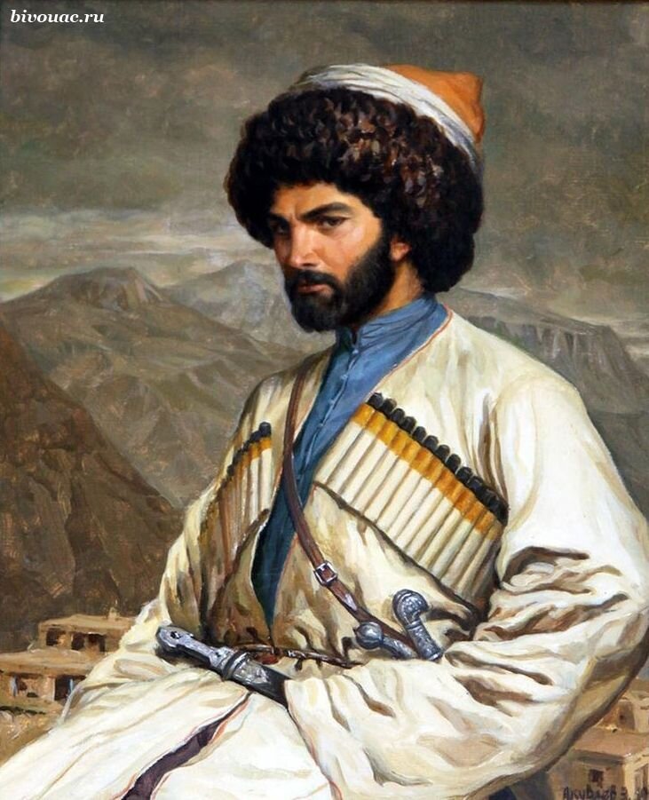 Хаджи-Мурат на фоне села Хунзах. Рисунок Г. Г. Гагарина, 1848.