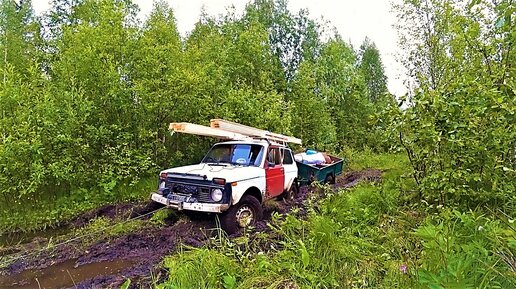 Пробираюсь в тайгу, прицеп топит Ниву в болоте, Начало для бани положено.