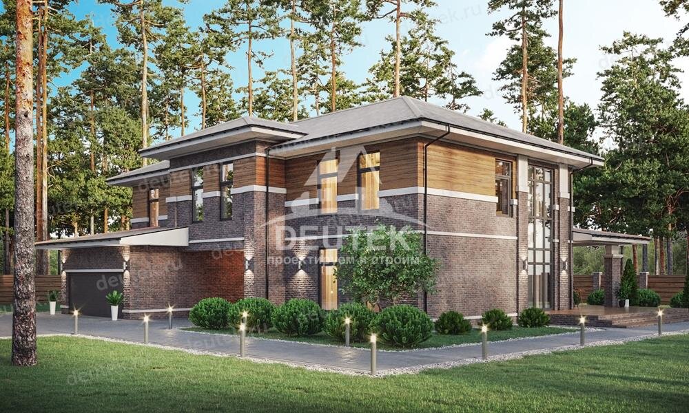 Проект двухэтажного дома 430 м2 с мансардой, гаражом и террасой - LK-138