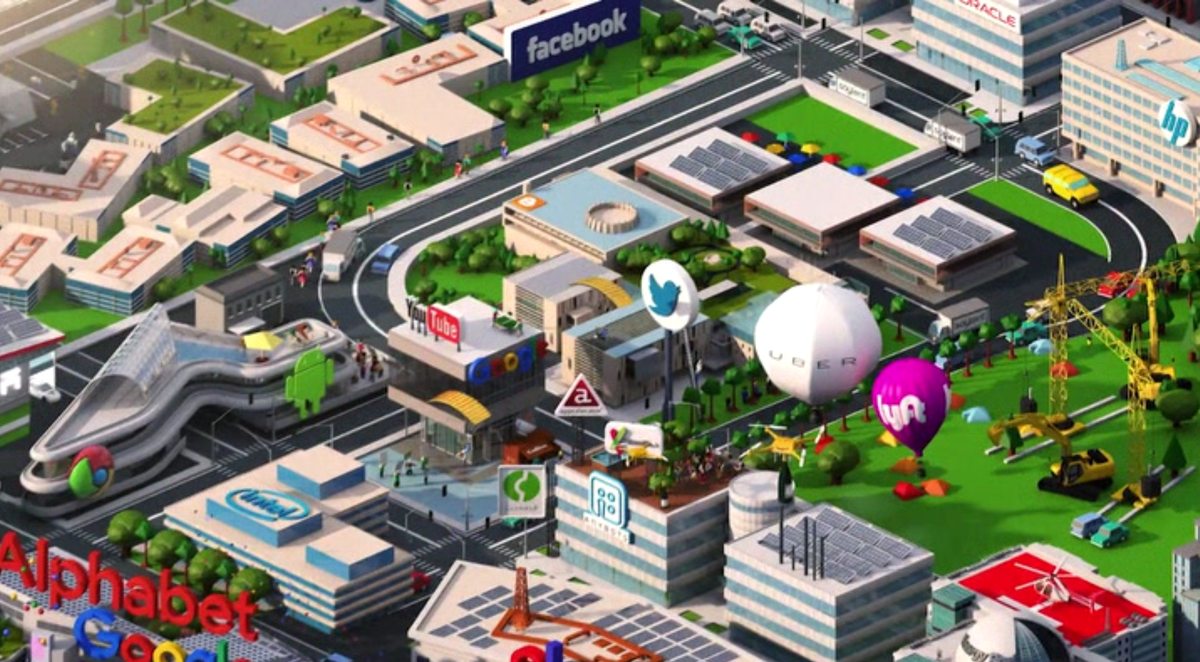 Кадр из титров сериала «Силиконовая долина», видны логотипы компаний Google | Alphabet, Twitter, Facebook и некоторых других.