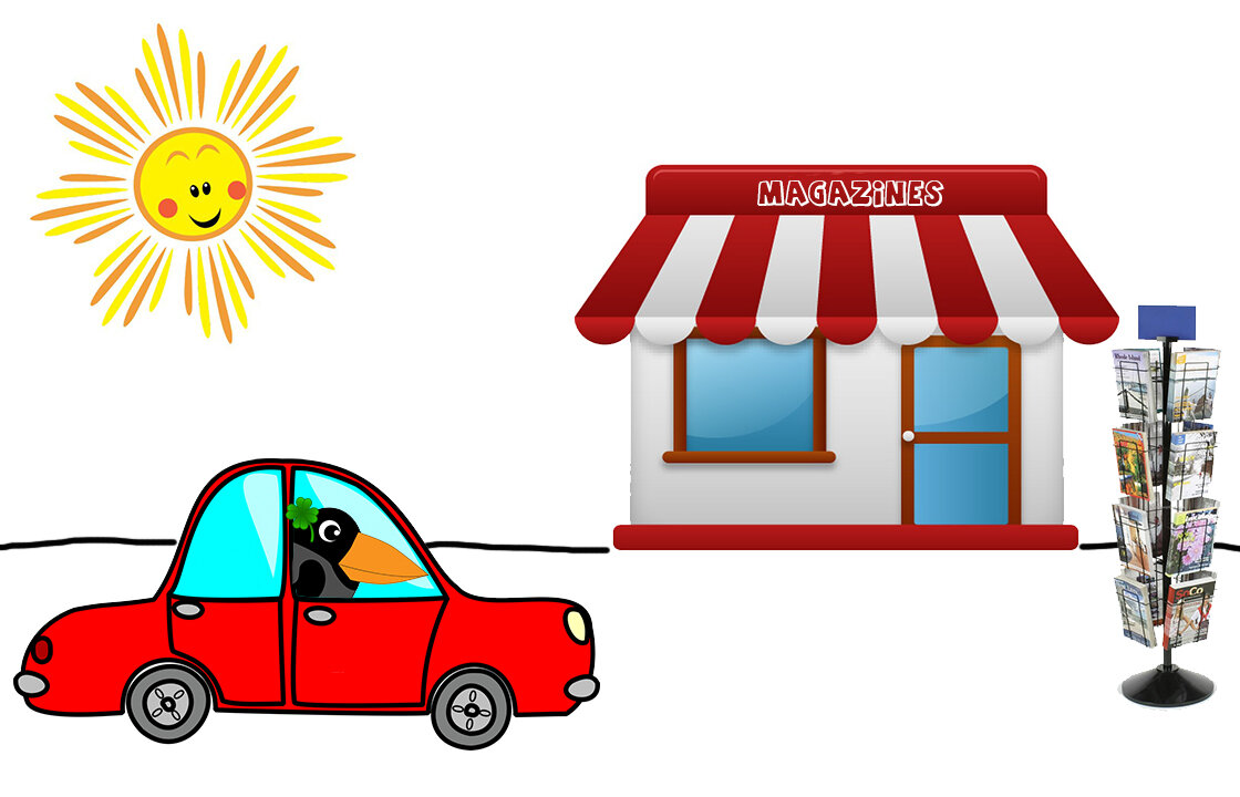 CLEVER ворона с клевером в голове едет за рулём CAR в магазин за MAGAZINE.