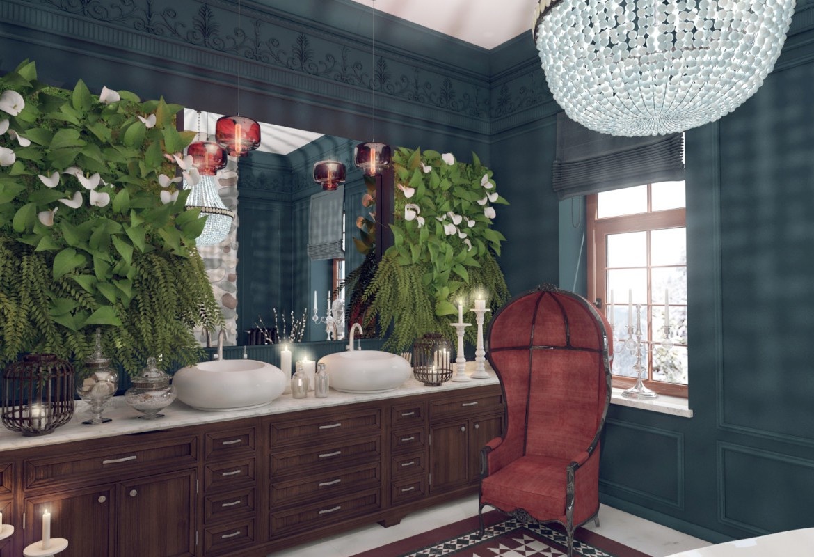 Тумбы с раковинами и растениями