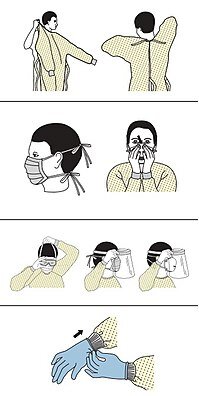 Статистика эффективности использования средств защиты от респираторных заболеваний указывает, что важнее не иметь респиратор более глубокой очистки или очки вместо экрана, а правильно надевать и главное дисциплинированно использовать средства защиты[56]