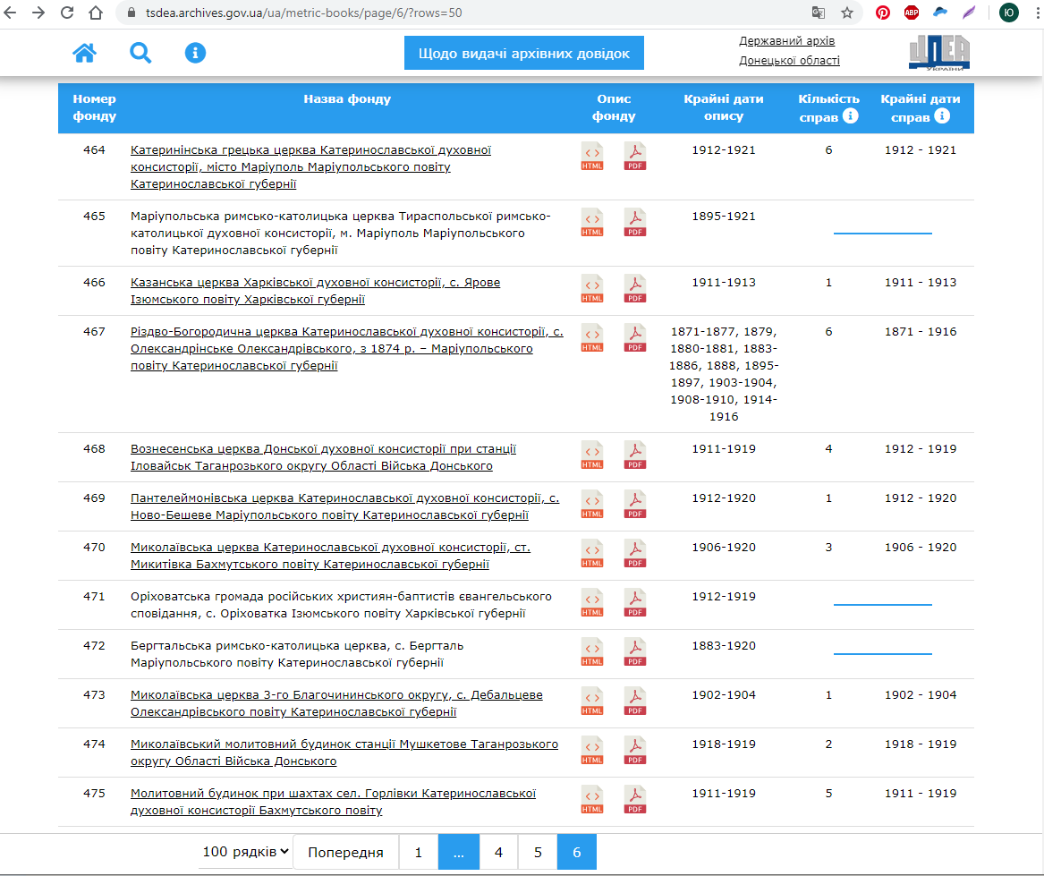 Метричні книги Державний архів Донецької області, скрин сайта