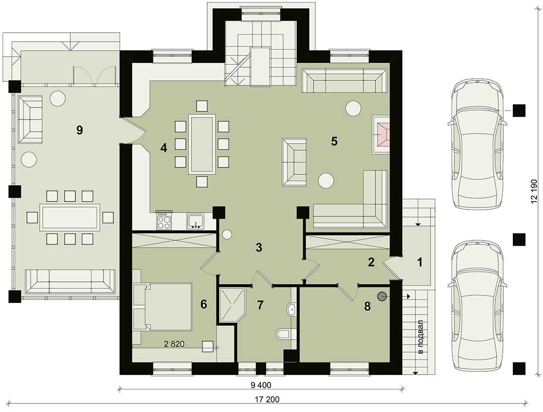 На первом этаже при входе - гардеробная, далее -  общие помещения 45 м2, спальня 12,5 м2, санузел. Гостиная двусветная, но при необходимости второй свет может быть перекрыт. Также возможно изолировать кухню и разделить туалет.