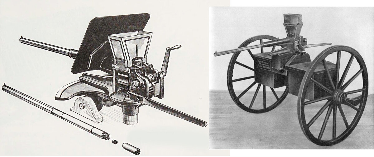 Вид на казенную часть пулемета. Рядом сменный ствол пуля Минье и гильза. Справа пулемет на колесном станке. По бокам от пулемета короба для патронов. Оружие имело калибр 14,73 мм (58-й калибр) Дальность стрельбы 900 м