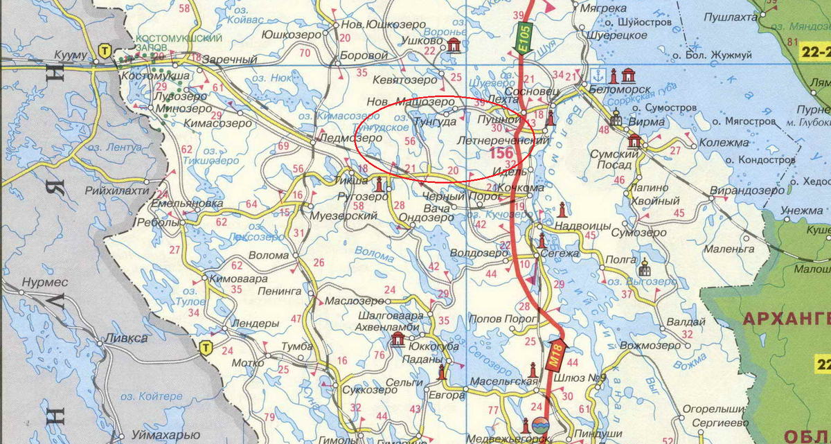 кружком отмечен район, в котором действовала лыжная бригада Кемской ОГ/ http://rf-map.ru/map939435_0_0.htm 