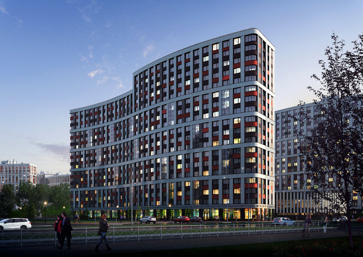 Так выглядят фасады жилых комплексов «Авиатор», «Графика», «Урбанист»,  и «Цвета радуги». Все они находятся рядом и образуют стильные кварталы