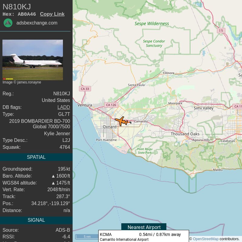    Данные о перелете Кайли Дженнер из города Камарильо в Ван-Найс, расположенный в штате Калифорния