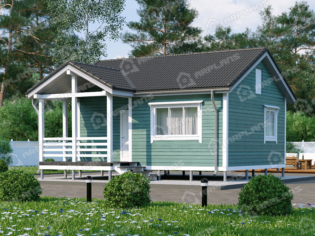 Фото 2 одноэтажного каркасного дома с 1 спальней и террасой. Общая площадь 45 кв м. Источник arplans.ru Проект И-094