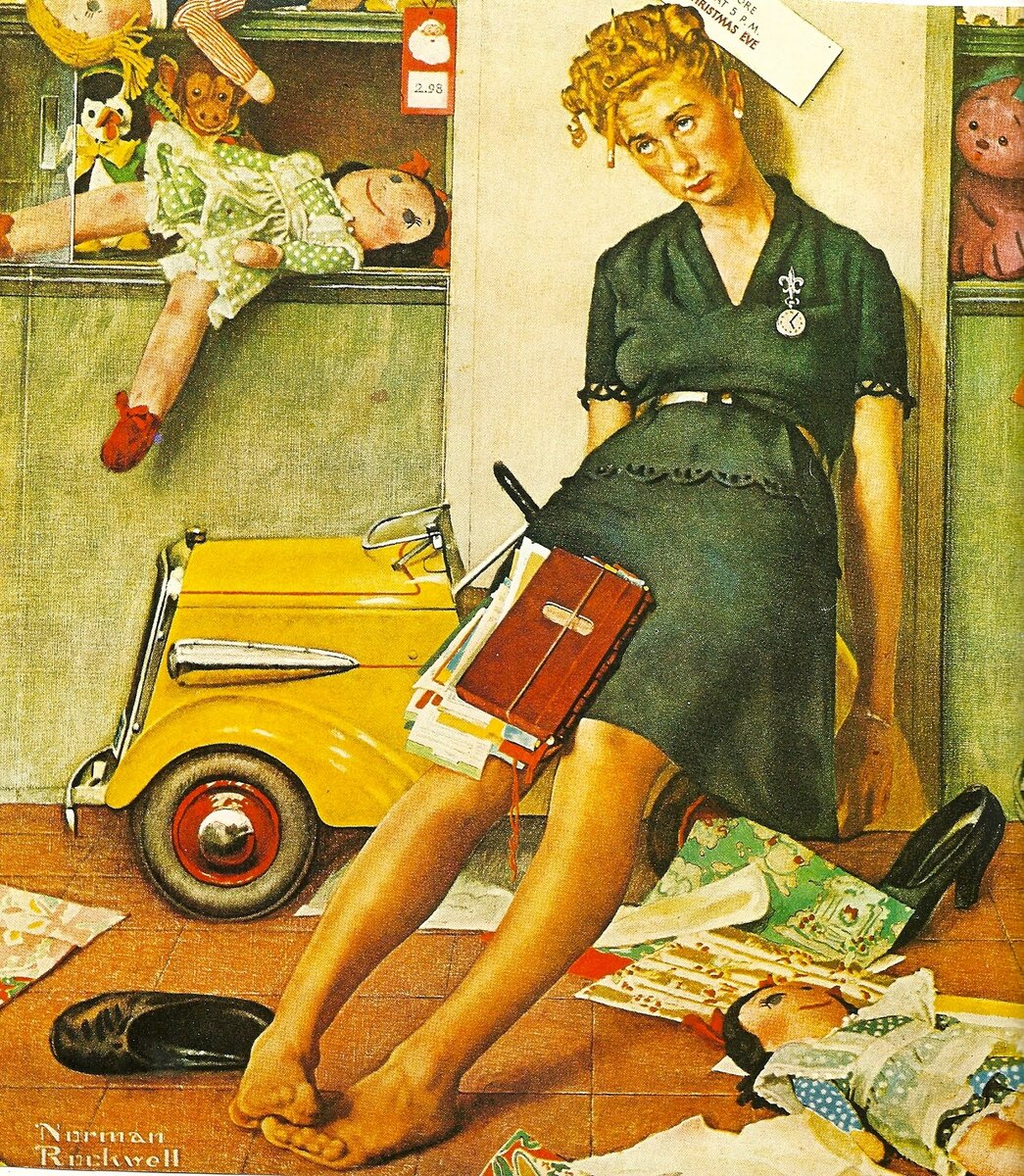 Norman Percevel Rockwell. TIRED SALESGIRL ON CHRISTMAS EVE