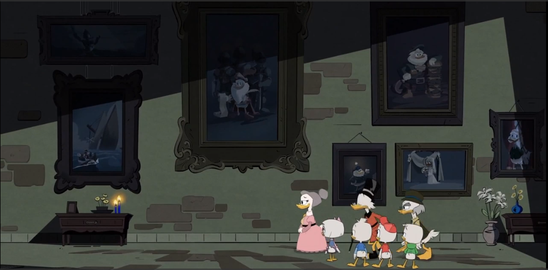 Портреты предков Скруджа МакДака в фамильном замке. Над головой Скруджа как раз портрет его деда Дингуса.