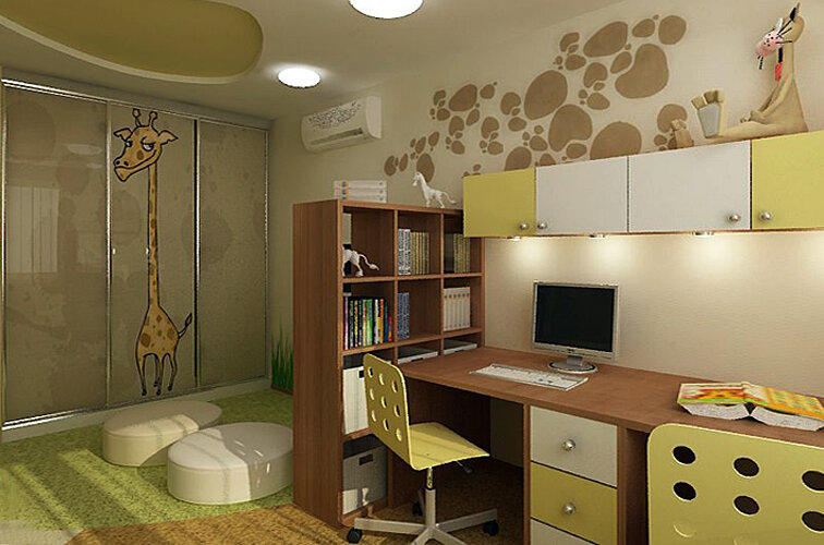 Шкафчик с полками как перегородка, отделяющая зону занятий от игровой зоны