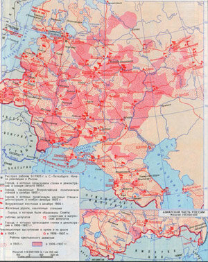 Красным цветом обозначены районы, охваченные рабоче-крестьянскими волнениями. Вверху  - европейская часть России, внизу справа - азиатская
