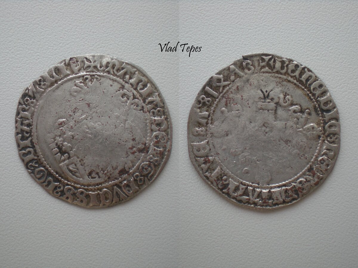 На фото изображён брике (нидерл. vuurijzer) Марии Бургундской 1478 г., отчеканенный в г. Антверпен герцогства Брабант (знак монетного двора "рука" расположен в верхней части аверса и замыкает собой легенду "MARIA:DEI:G:DVCISS:BG:BRAB:Z:LI’" - рус. Мария Божьей милостью герцогиня Бургундии, Брабанта и проч.). В центре аверса справа изображён лев, который передними лапами опирается о пятипольный геральдический щит герцогства Бургундии, несколько смещённый в левую сторону. Реверс в центре украшен композицией из прямого креста с крестоцветами, который окружает легенда "BENEDIC:HEREDITATI:TVE:A: IΩΛ8" (лат. Benedic hereditati Tu(a)e, a(nno) 1478 - рус. Благослови наследие Твоё, год 1478)