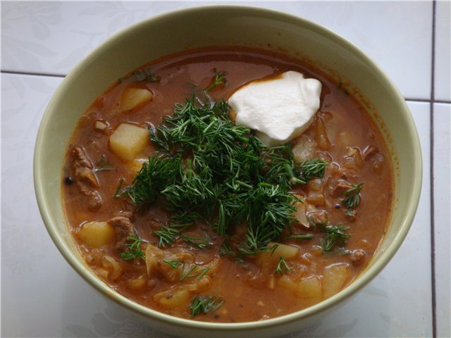  Суп-гуляш по-тирольски - традиционное венгерское блюдо, в состав которого входят обжаренные кусочки мяса с луком, картофель с томатной пастой, капуста.-2