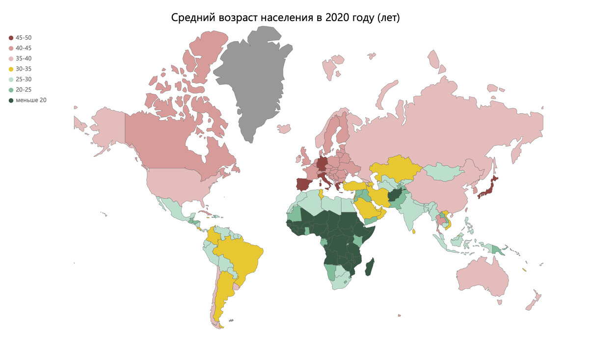 Средний возраст населения по странам мира в 2020 году. Карта сделана на основе данных ООН