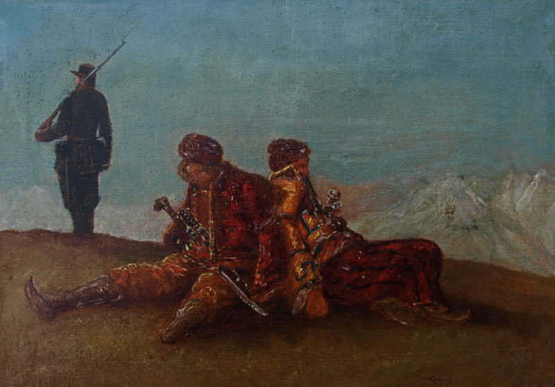 Солдат, охраняющий пленных турок