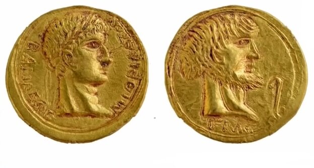 Золотой статер с изображением Митридата. 45 год н. э. Найден на городище Артезиан (Керченский полуостров).