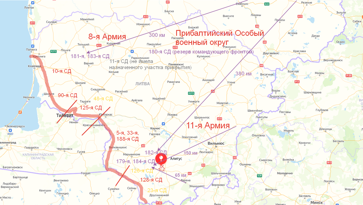 яндекс-карты. Карта развёртывания стрелковых дивизий ПрибОВО по планам прикрытия. Красный - на границе, жёлтый - в пути, фиолетовый - территориальные, серый - нет в планах, но движется к границе.