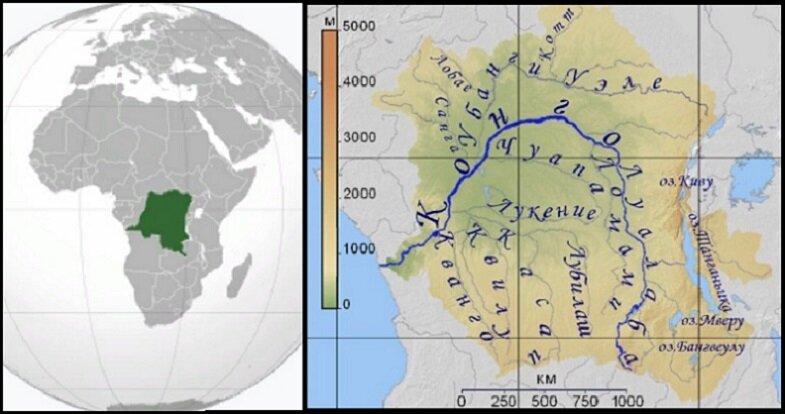 Демократическая республика Конго на карте мира. \ Речная система Конго. (википедия)