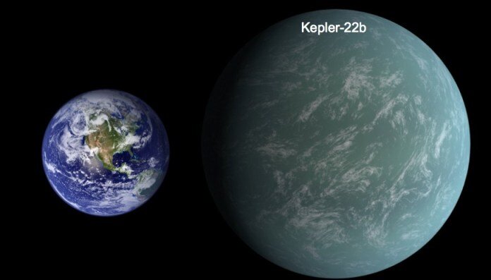В сравнение Земля и Kepler-22b. Источник: https://i0.wp.com/prokocmoc.ru/wp-content/uploads/2020/02/Kepler-22b-1.jpg?resize=696%2C397&ssl=1  