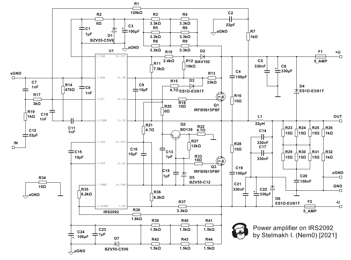 Усилитель класса D IRS2092 моно , 200Вт., 20Гц-20кГц, +/-30В... +/-60В, Россия