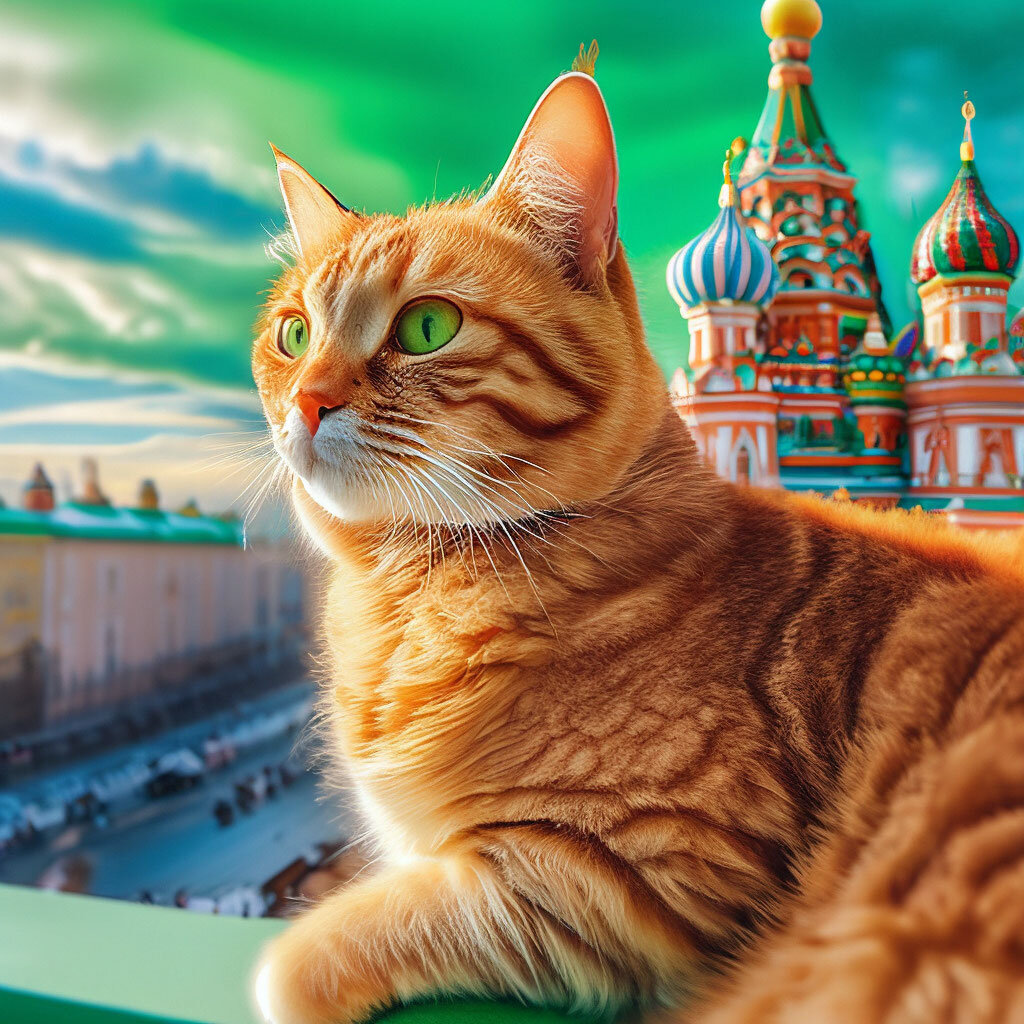 Разноцветная Москва. Оранжевый кот на мосту. Нейросеть Шедеврум.