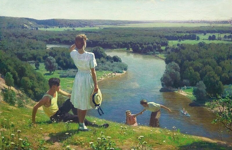 Лихачёв Михаил Иванович. На родных просторах. 1951. Я вспоминаю эту картину, когда читаю, как  в самом начале Валя и Игорь после вручения дипломов приходят на берег реки 
