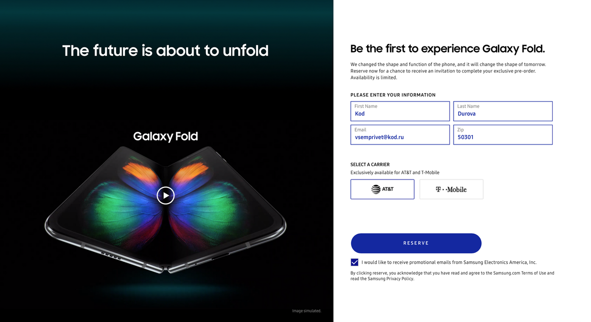 На американском сайте Samsung появилась возможность оставить свои контактные данные, чтобы получить шанс на оформление предзаказа на первый серийный гибкий смартфон Galaxy Fold.