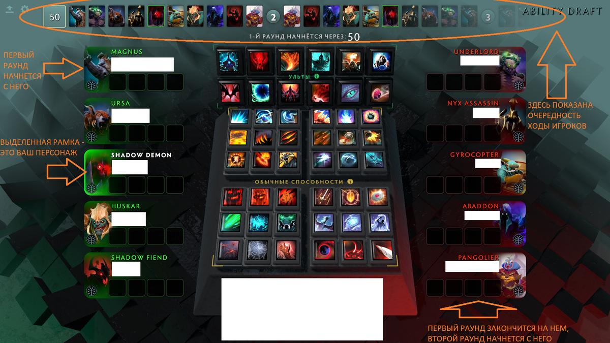 Фотография автора. Это доска. Тут мы выбираем способности. Мне выпал Shadow demon. По нашим героям очевидно, что мне придется собираться в саппорт позицию, так как 4 остальных героя не маги и не могут взять дорогостоящие заклинания.