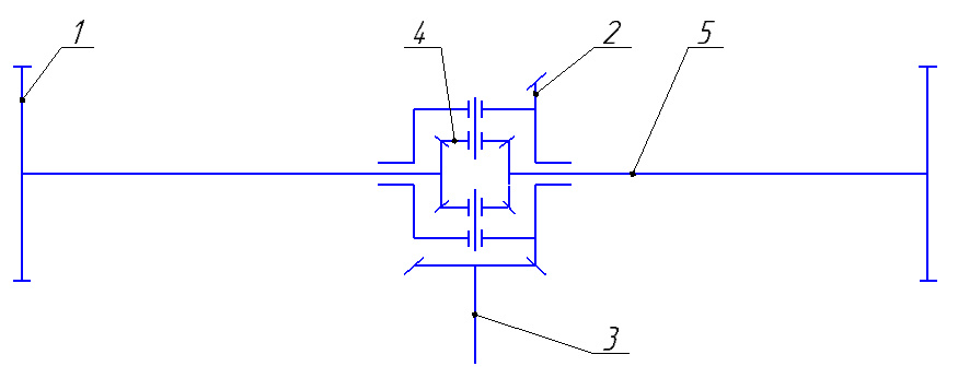 1-Колесо; 2- Корпус на который  передается крутящий момент от вала (3); 4-Сателлит; 5-Полуось