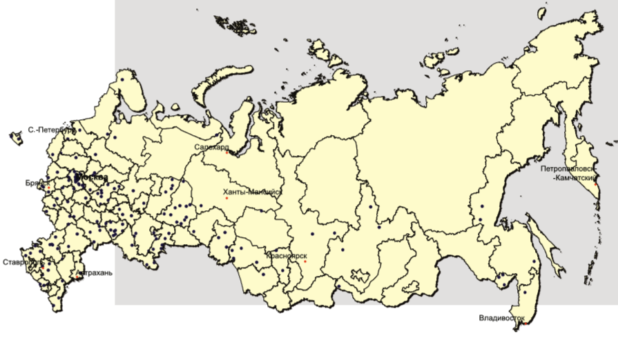Расселение городского населения евреев в России в 2010 г., 1 точка равна 500 чел. (источник: Черкасов А.А. Этнические aспекты урбанизации в России. Ставрополь, 2016. С.81)