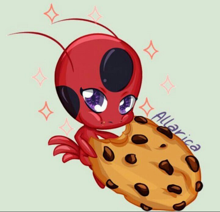 Тикки - добрая и веселая квами, вселяется в волшебные сережки Маринет, и  перевоплощает ее в Леди баг, заряжается макаронами.  