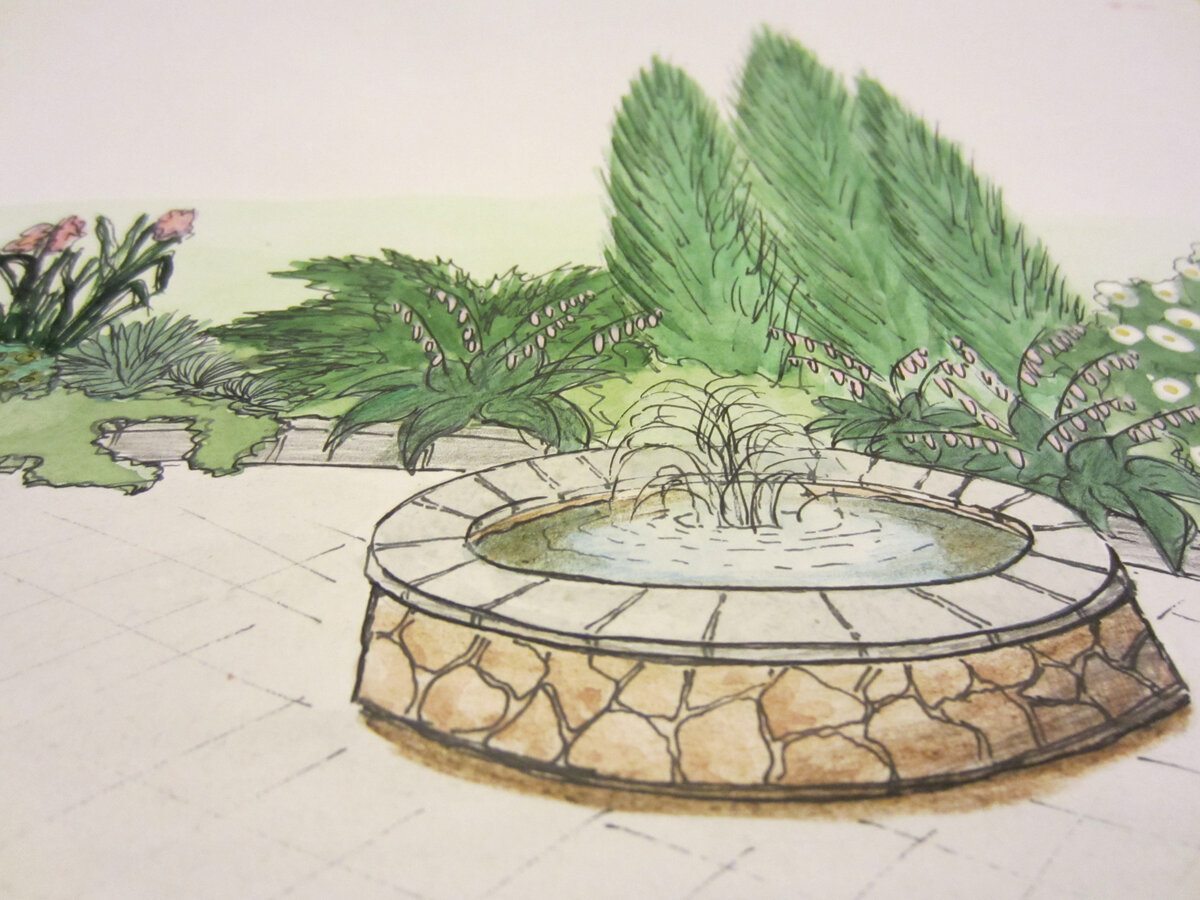 Фонтан у большой беседки, декорированный таким же камнем