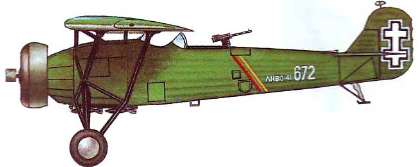 Учебно-тренировочный самолет ANBO-41. Создан в 1936 году. Экипаж — 2 человека, скорость — 360 км/час, дальность полёта — 800 км, максимальная высота — 9000 м, вооружение — 3 пулемёта и 200 кг бомб.