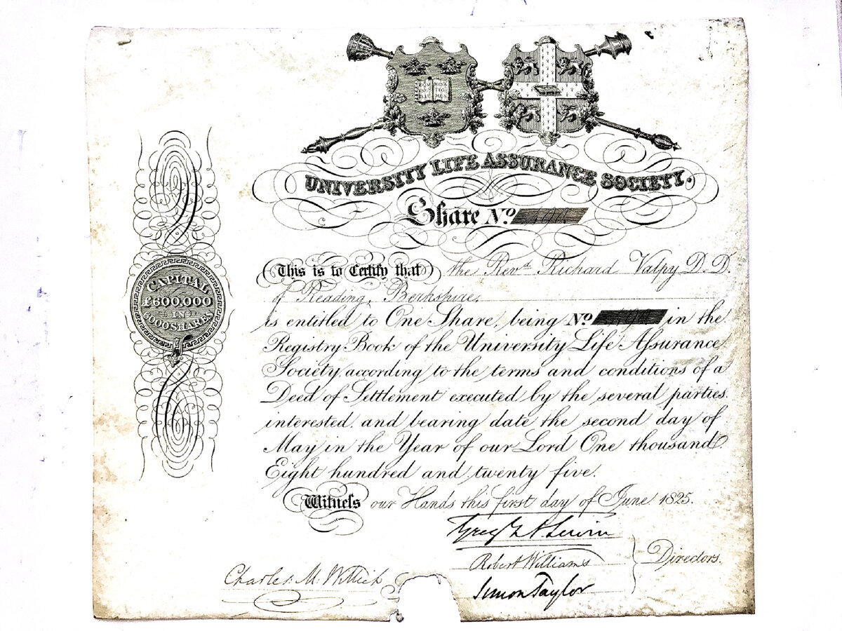 University Life Assurance Society Share № 490 – от 2 мая 1825 года.