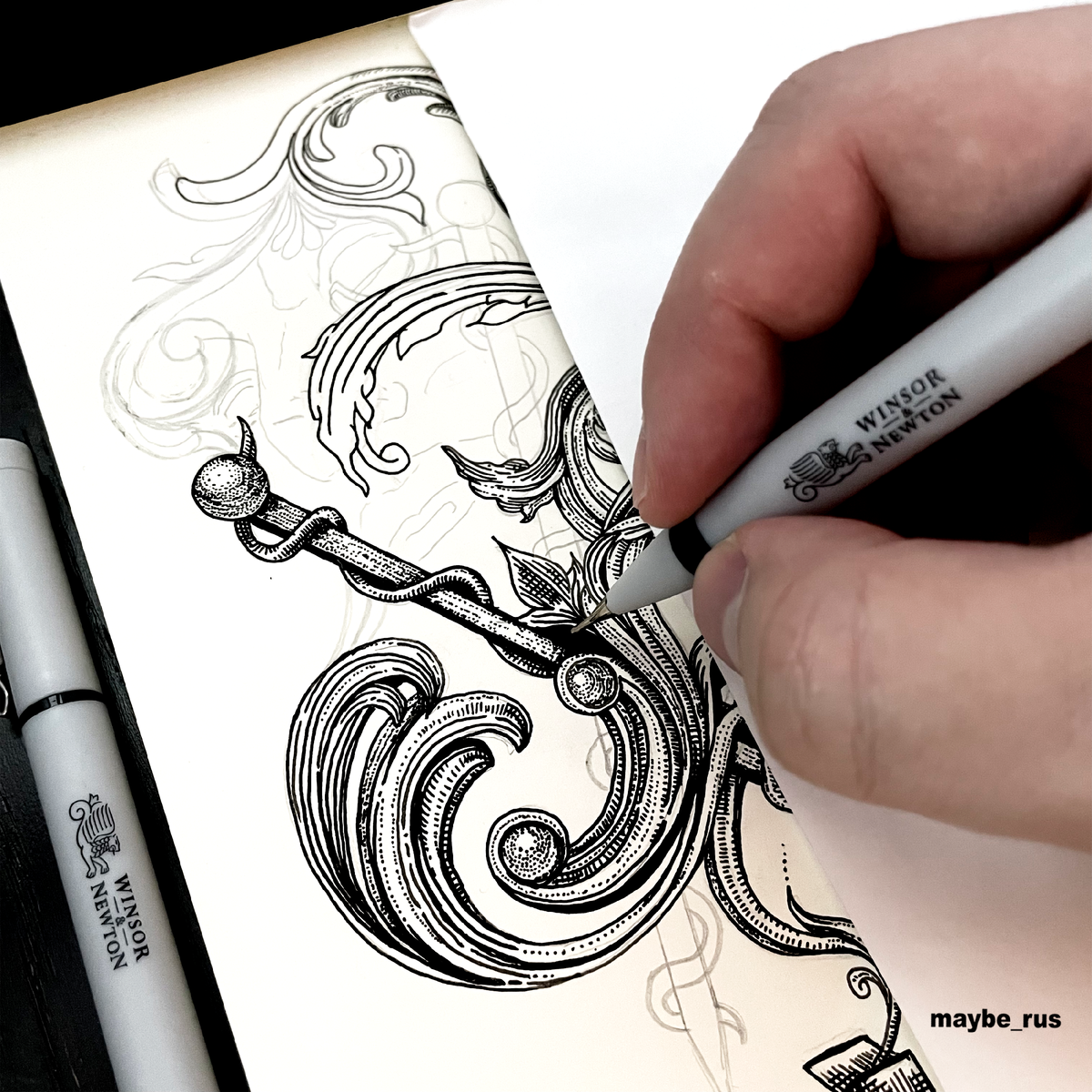 Процесс работы над проектом линерами WInsor & Newton.