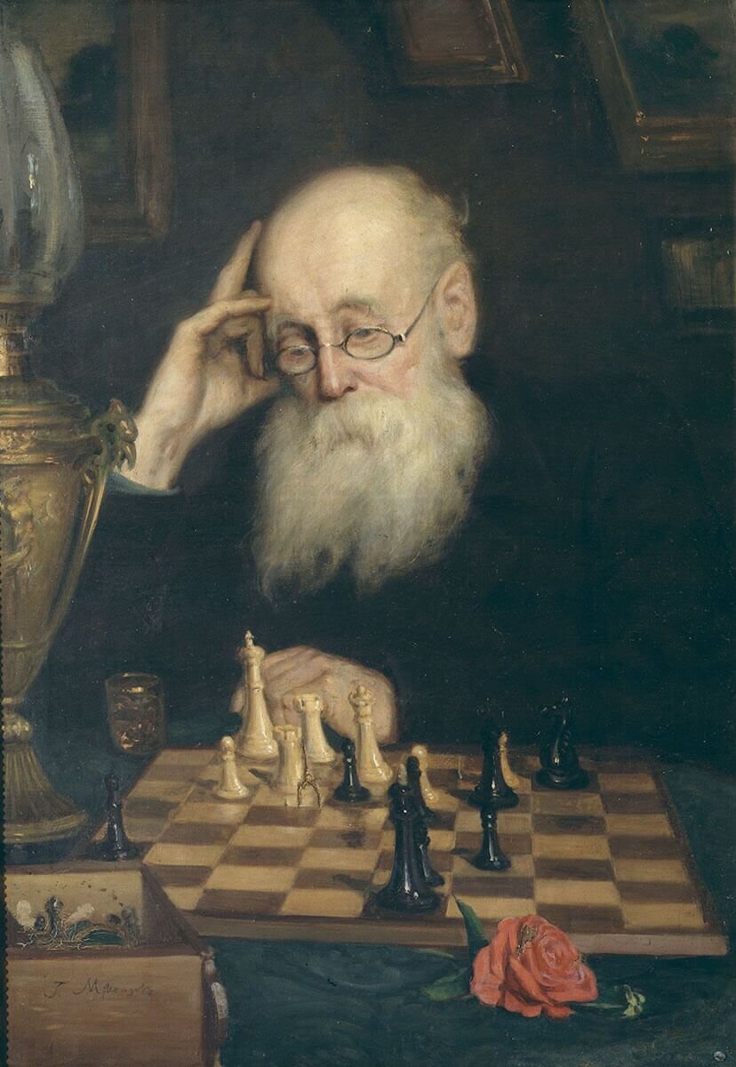 Мясоедов Г.Г. (1834-1911) 
Сам с собою, или Игра в шахматы. Холст, масло, 1907 г. Из фондов Музея Шамхмат Российской шахматной федерации