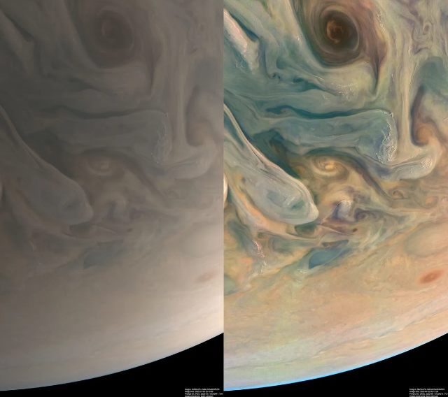 Это изображение Юпитера было получено 5 июля 2022 года во время 43-го близкого пролета NASA Juno над гигантской планетой.