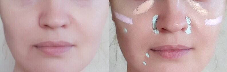 Фото от СмиКорина для Яндекс Дзен. Оранжевый цвет нанесен на синячки под глазами, зеленый - на покраснения, розовый - на скулы, которые у меня имеют слегка желтоватый оттенок. Для фото нанесено много продукта, на деле его нужно намного меньше.