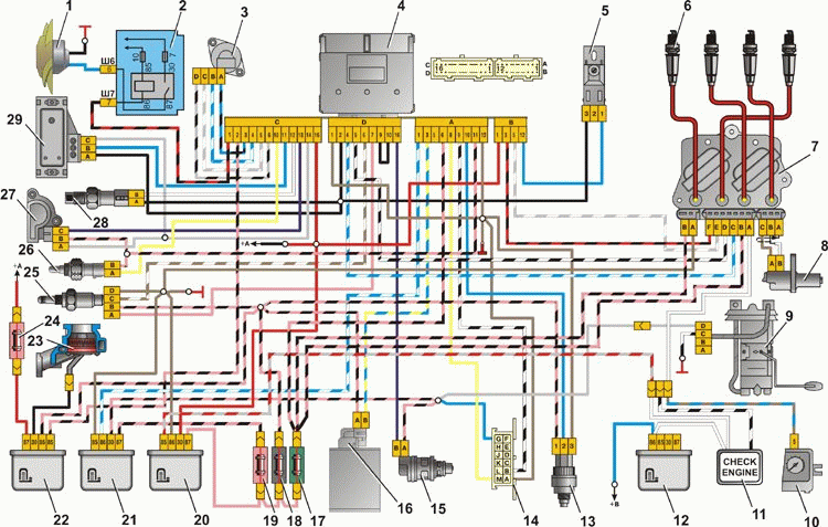   Добро пожаловать на канал, посвящённый электрооборудованию автомобилей ВАЗ от "Копейки" до XRAY Схема электрооборудования ВАЗ 2105  1. Блок-фара (фара, объединенная с передним фонарем) ваз 2105. 
2.-3