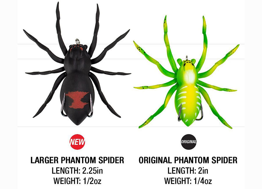 Поверхностная не зацепляющаяся приманка паук Phantom Spider выпускается в 2-х типоразмерах длиной 5 и 5.5 см с весом 7 и 14 грамм, соответственно. 