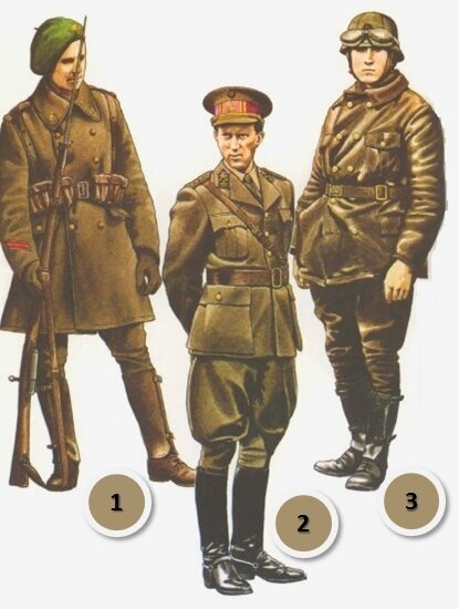 Фото 2. (1) капрал 2-го полка Арденнских Стрелков, Бельгия, 1940; укороченная шинель и кожаные гетры носились вместо стандартных пехотных шинелей и обмундирований. Отличительными знаками полка были зеленый берет и значок «голова кабана». Снаряжение: стандартное бельгийское пехотное снаряжение с подсумками для боеприпасов немецкого образца. Вооружение: служебная бельгийская винтовка образца 1889 г.  (2) командующий бельгийской армией в военной форме генерала. Это платье в английском стиле было общим для всех армейских офицеров. Снаряжение: поясной ремень регулировщика и поперечный ремень.  (3) мотоциклист; коричневая кожаная форма была также формой экипажей бронетехники, которые также носили шлем французских бронетанковых войск. Мотоциклисты и моторизованные войска носили специальный шлем, обтянутый кожей. Источник: Источник: Mollo A. and others. «World Army Uniforms since 1939»