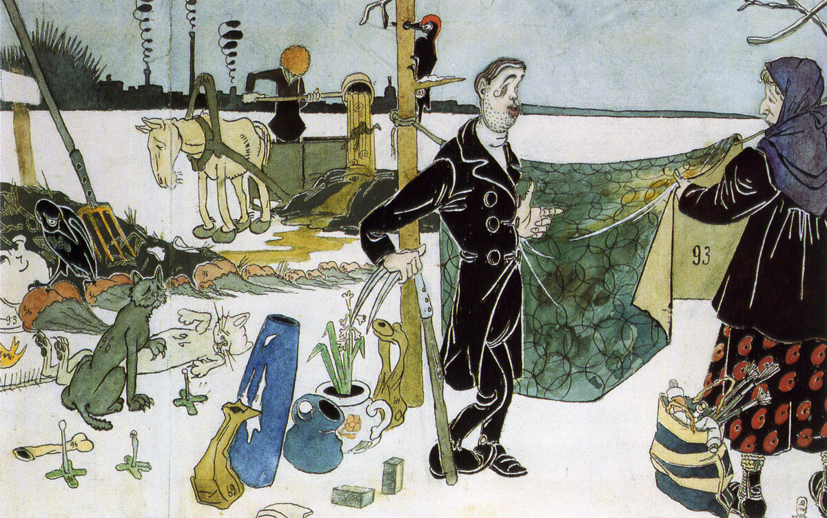 П.Е. Щербов. «- Брось, бабка, торговаться; сказано: одеяло – в рубель… Ведь я его не на свалке выгреб, а в больнице у Фрея выудил». Шут. №7. 14/26 февраля 1898 г. С. 7-8.