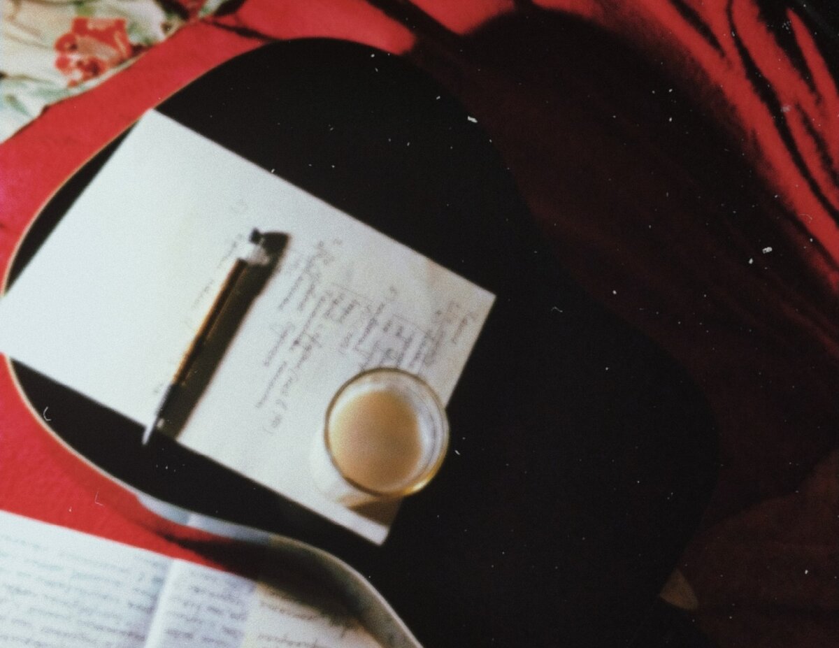 Пытался оригинально сфотографировать гитару, добавив к экспозиции конспект и стакан с кефиром