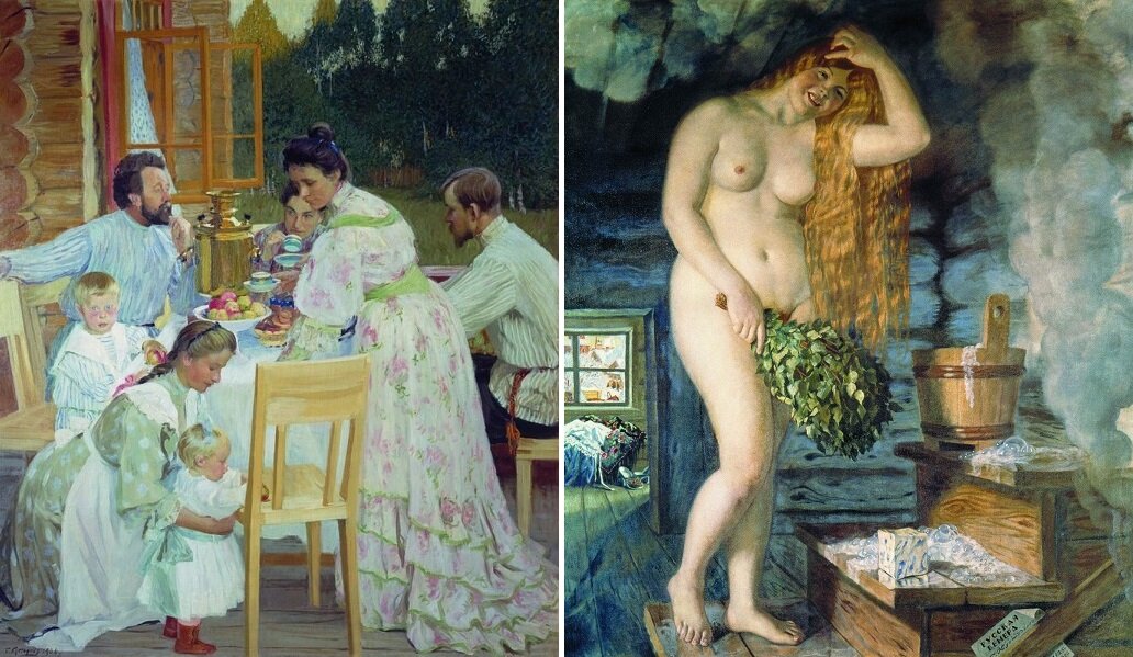 Фото. Борис  Кустодиев. " На террасе" ( 1906 г.), "Русская Венера"( 1926 г.)  