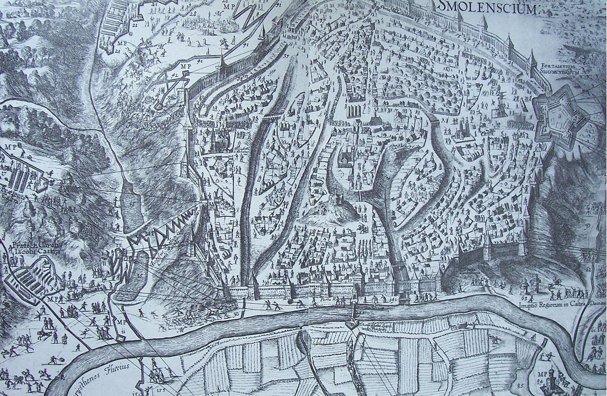 Осада Смоленска 1632—1633. Гравюра Вильгельма Гондиуса «План осады Смоленска» (фрагмент). Данциг, 1636 г.