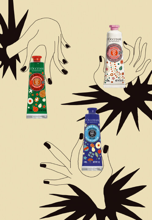Воздушный крем для рук "Зимняя прогулка", L’Occitane; крем для рук "Карите" (нежная коллекция), L’Occitane; крем для рук "Карите" (лимитированная коллекция), L’Occitane