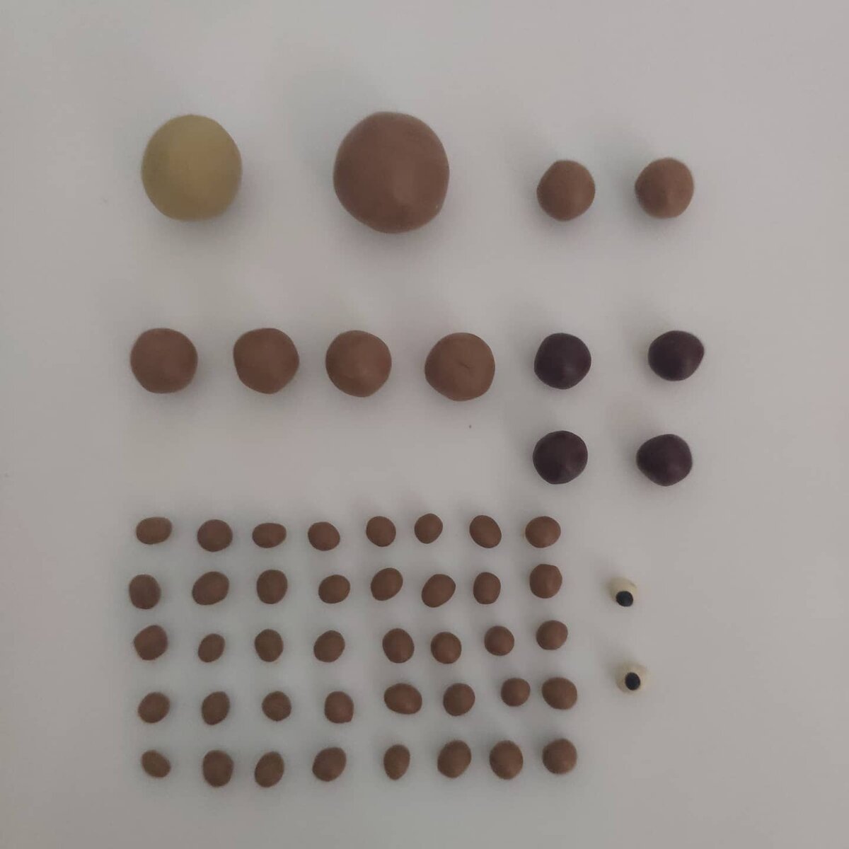 Из телесного цвета раскатываем голову, из коричневого цвета раскатываем туловище ,4 ноги и много маленьких  шариков -это будут кудряшки овечки. Из темно -коричневого цвета раскатываем 4 средних шарика-это будут копыта. Из белого и черного цвета - лепим глаза и зрачки.